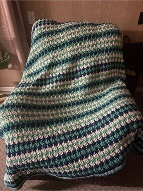 Handmade Crochet Middle Finger Throw Blanket in Navy, Teal, and Cream